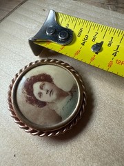 Antique Hand Colored Photo Portrait Brooch Edwardian Brass Pin c.1900–1920