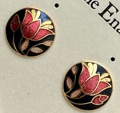 Vintage Fine Enamel Round Stud Earrings Floral Red Black Gold .50in Ladies 5.3g