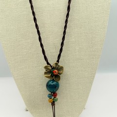 Vintage 90s Flower Pendant Necklace Glass Beads Brown Silk Cord Boho Jewelry