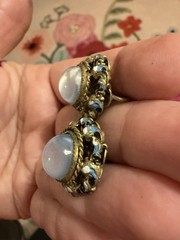 Vintage Czechoslovakia Enamel Filigree Screw Back Earrings Blue Cabochon Brass