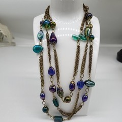 Vintage Art Glass Peacock Iridescent Venetian? Necklace 28″ Long Flapper Length