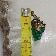 Vintage Green Jade Bead Grape Cluster Pendant w/Gold Tone Brass Leaves Detail 2″