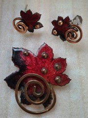 Matisse Vintage Signed Red Enamel Leaf Brooch & Clip-On Earrings Set