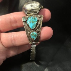 Effie Calavaza Zuni Signed Turquoise Snake Watch Vintage Native American Jewelry
