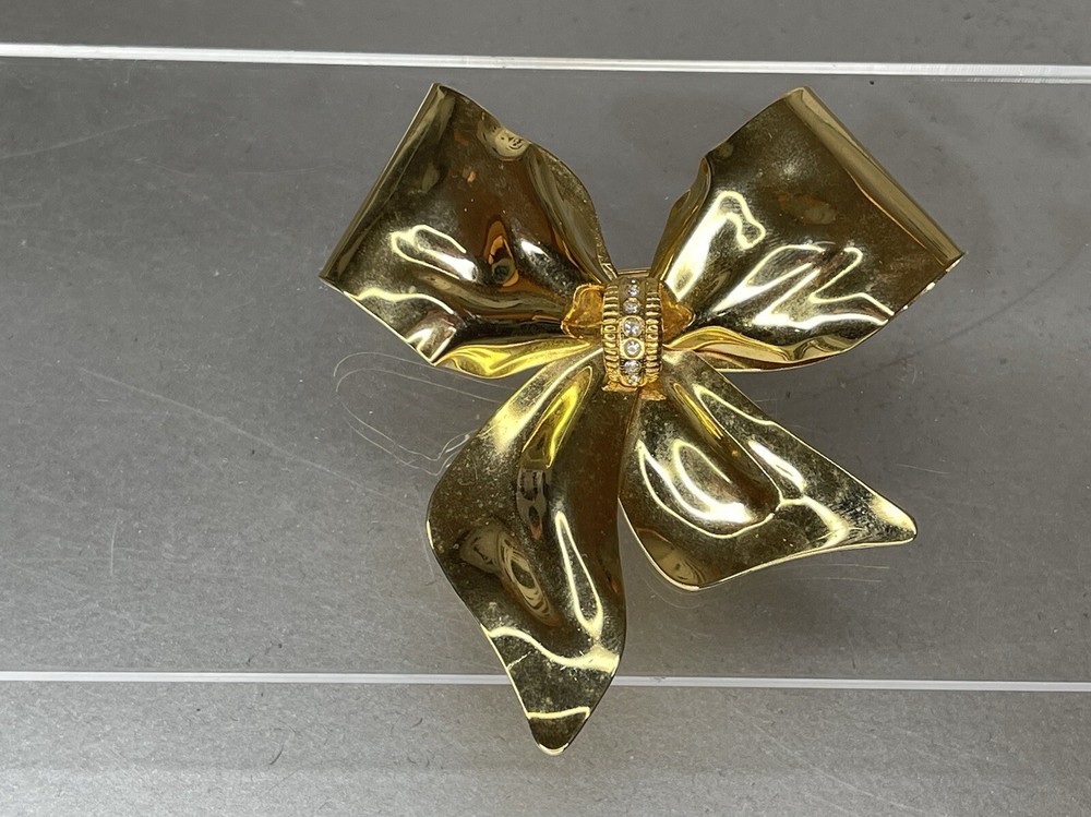 VTG Gold Tone Bow Brooch Pin Large Tona Rhinestone Accents