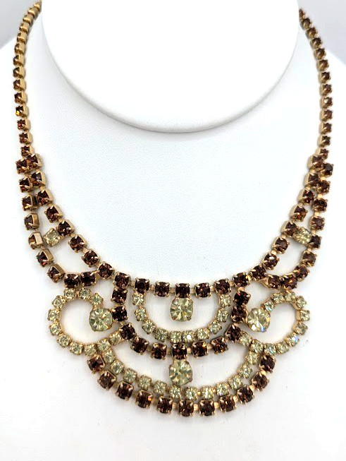 Vintage Rhinestone Bib Necklace Champagne Cognac Gold Tone 16 In