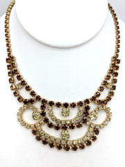 Vintage Rhinestone Bib Necklace Champagne Cognac Gold Tone 16 In