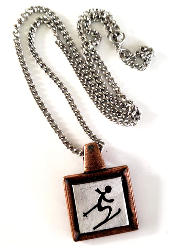 Vintage Skier Skiing Copper Silver Tone Pendant Necklace 18″ Spring Ring