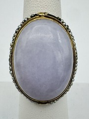 VINTAGE ANTIQUE 14K YELLOW GOLD GENUINE LAVENDER JADE SEED PEARL RING SZ. 6 3/4