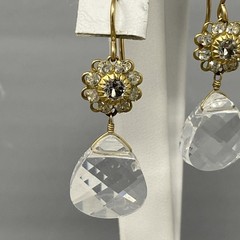 Clear Glass Bead Dangle Earring Faceted Teardrop Flower Rhinestone Gold Tone 1.5