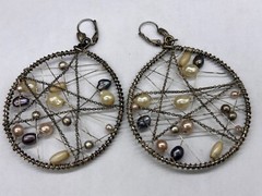 ESTATE SILVER TONE FAUX PEARL DREAM CATCHER LOOP HOOP WIRE DANGLE EARRINGS