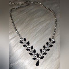 designer B David Rhinestone Necklace vtg black Clear and silver Signed Bridal