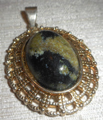 Oval 2″ Multi-color Glass Jasper Gemstone Cabochon Setting Gold Tone Pendant