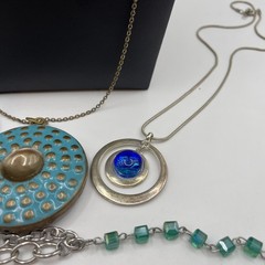 Necklace Lot Of 6 Teal Blue BOHO Eclectic Acrylic, Glass, Metal, Beads Estate