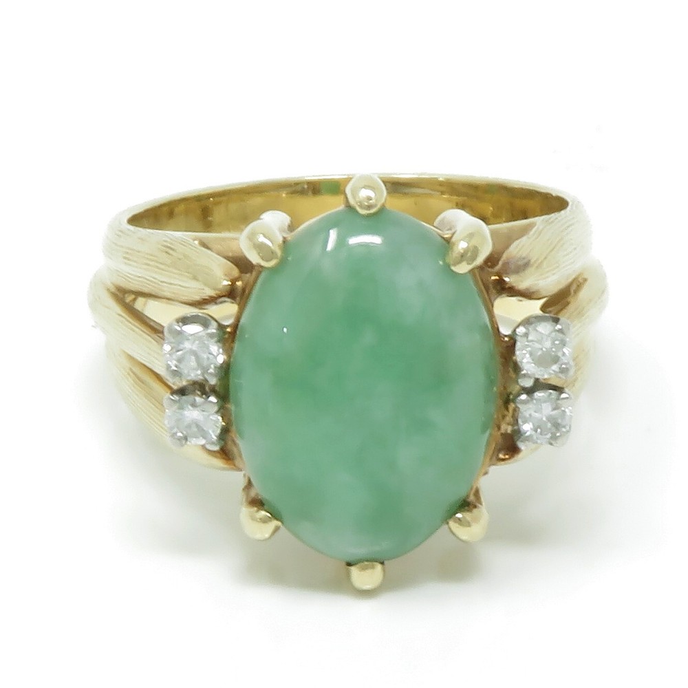 NYJEWEL 14k Yellow Gold Jadeite Jade Diamond Ring Signed LJ