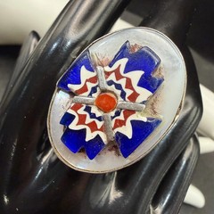 Signed Vtg Sterling Silver Native American Oscar Betz Glass Coral Ring Sz 11.75