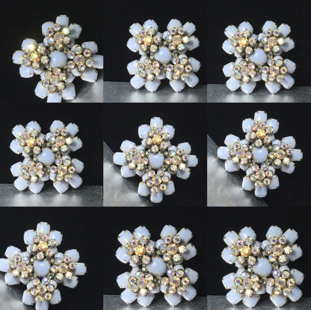 Vtg Maltese Cross Blue Milk Glass Brooch Pin AB Crystal Floral Accents 2.4″