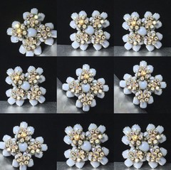 Vtg Maltese Cross Blue Milk Glass Brooch Pin AB Crystal Floral Accents 2.4″
