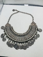 Vintage Silver Tone Boho Ethnic Tribal Coin Coachella Fringe Statement Necklace