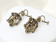 Pair Vintage Gold Tone Dangle Screw-Back Bird Cage Earrings