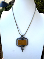 Vintage Mid Century Modern Silver Plate & Wood Gold Crown Inc Pendant Necklace