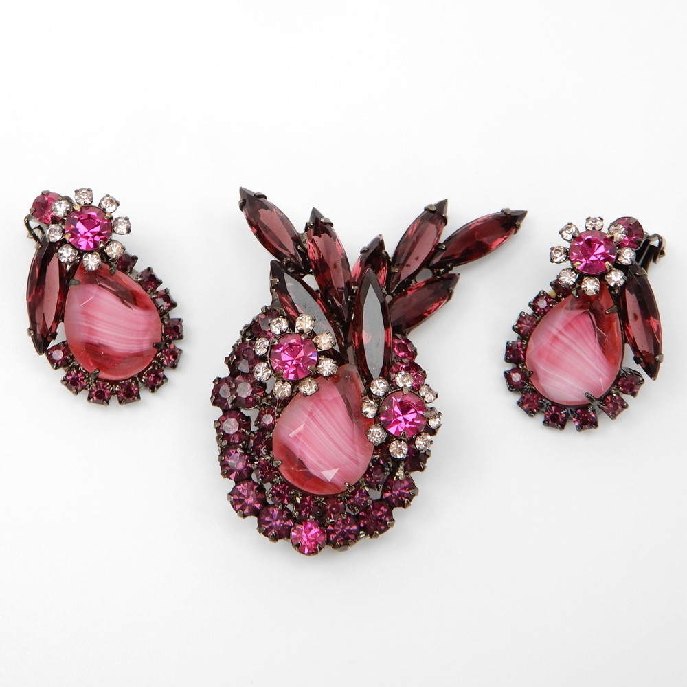 Juliana D&E Brooch Earrings Amethyst Purple Rose Pink Givre Stripe Pin Set Book