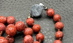 Vintage Red Glass Crackle Bead Necklace Box Clasp Hand Knotted Silver Tone