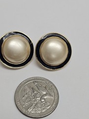 2 Pair VTG Earrings Carol Lee Pierced And Gold-tone Clip On Black Enamel,Faux P.