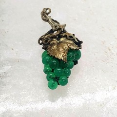 Vintage Green Jade Bead Grape Cluster Pendant w/Gold Tone Brass Leaves Detail 2″