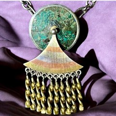 Kinetic Mexican Mid-Century Modernist Necklace Mixed Metals w/ Stone Inlay