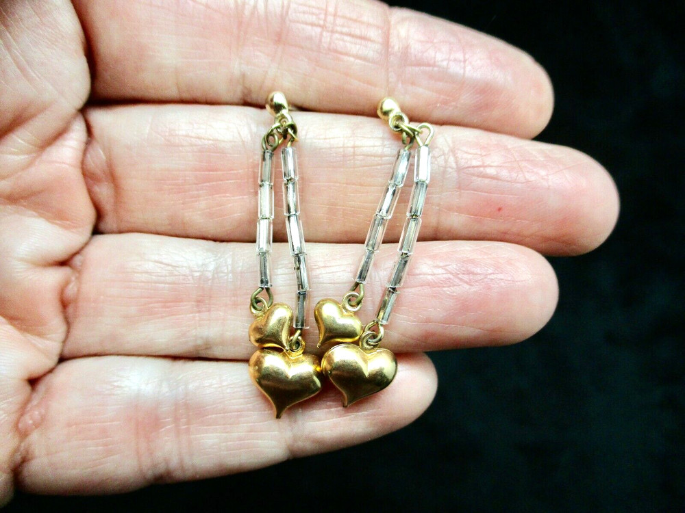 Vintage-Valentine’s Day Bugle Bead & Puffed Heart Pierced Earrings