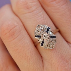 Art Deco Lab Created Diamonds ring with Blue Sapphire 925 Sterling Silver Ring