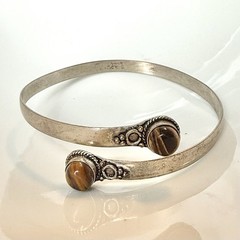 Ethnic Tiger’s Eye Gemstone Silver Tone Adjustable Cuff Bracelet / Arm Band 9.5”