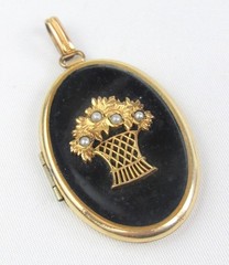 Antique BB Yellow Gold Filled Black Enamel Seed Pearl Flower Basket Locket