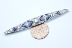 ANTIQUE ART DECO PLATINUM DIAMOND SAPPHIRE NAVETTE SHAPE BROOCH c1920