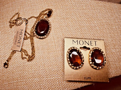 Monet Gold Tone Brown & Rhinestone Pendant Necklace & Clip Earrings NWT