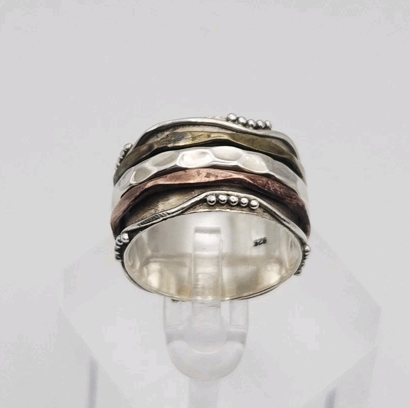 Sterling Silver Vintage Mixed Metal 3 Band Spinner Ring Size 8