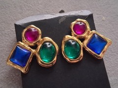 1980s bold runway earrings, glass cabochon trio, geometric, asymmetrical
