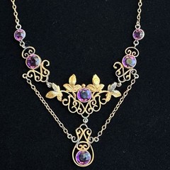 Vintage 12K GF Art Nouveau Revival Festoon Necklace Purple Glass Ivy Leaves