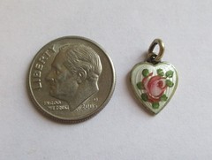 1/2in SMALL VINTAGE STERLING SILVER ENAMEL ROSE FLOWER HEART CHARM Gold Wash
