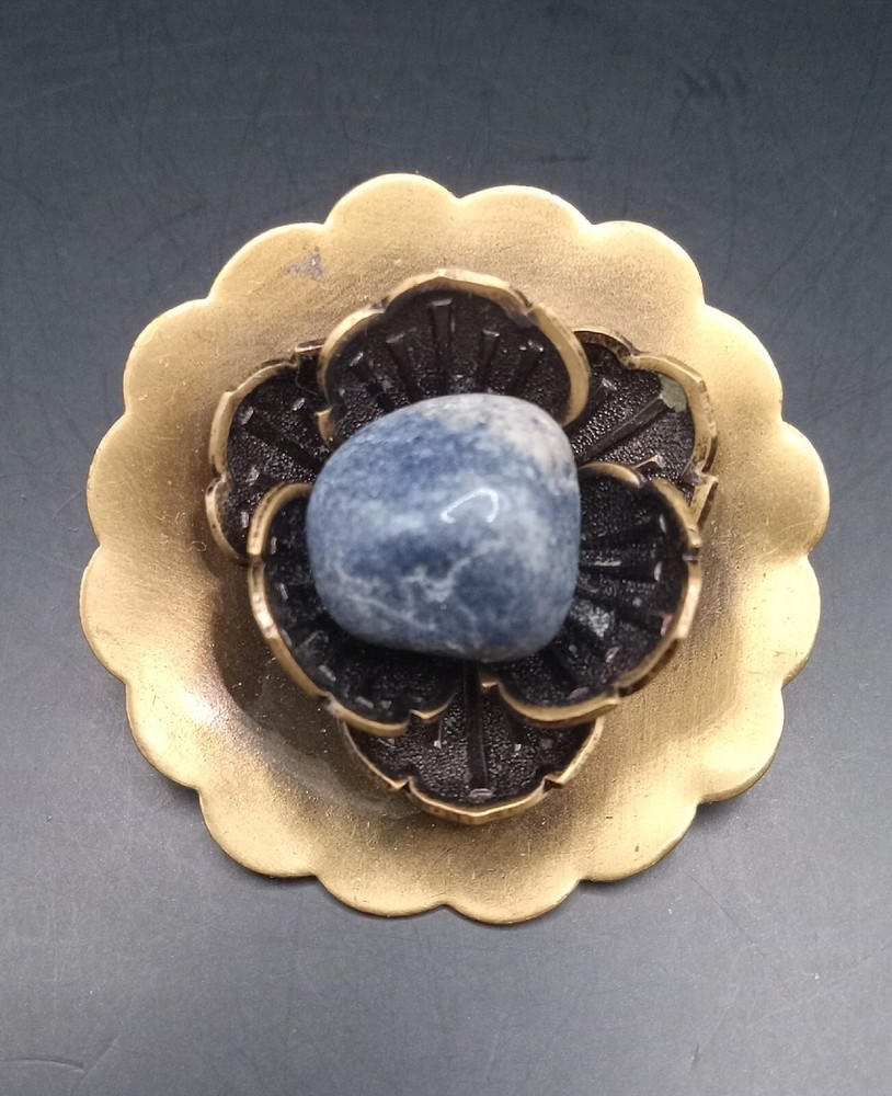 Vintage Brass Flower Brooch Pin With Sodalite Stone #363