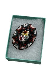 Vintage Micro Mosaic Brooch Floral Blue Red Black White Yellow Pink Green Italy