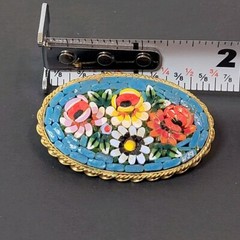 Italian Mosiac Flower Brooch Aqua Background Multicolor Flowers Italy 1.75″