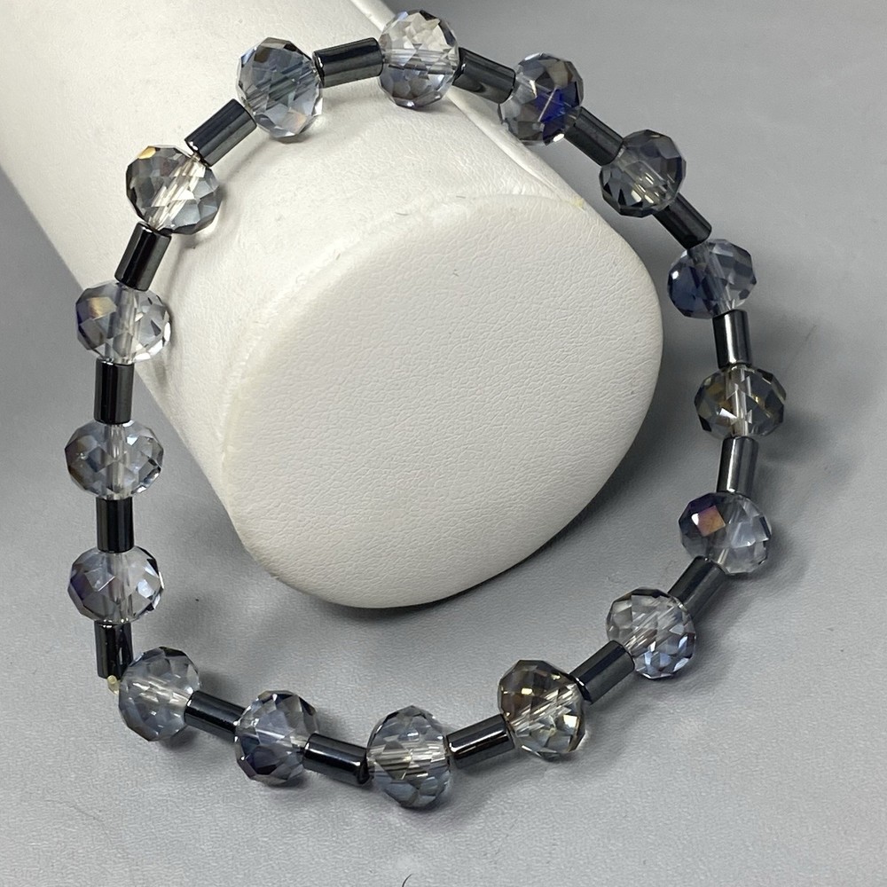Smoky Gray Glass Bracelet Stretch Aurora Borealis Coated Faceted Tube Spacers