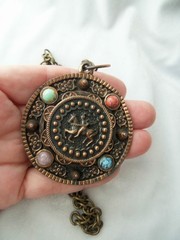 Vintage Copper Brass Faux Gemstone Knight Crest Shield Brooch Pendant Necklace