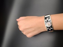 Alpaca Silver Black & Mother of Pearl Flower Inlay Cuff Bracelet