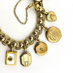 Vintage Gold Filled Locket Charm Bracelet 14 Lockets 1 Fob Hearts Book Enamel
