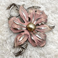 Vintage Pot Metal Brooch Pink Flower LARGE 3″ AS IS