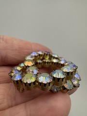 Clear AB Aurora Borealis Rhinestone Prong Dbl Circle Gold Tone Brooch Estate Vtg