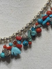 VINTAGE SOUTHWEST TURQUOISE & RED CORAL STERLING SILVER FEATHER CHARM NECKLACE